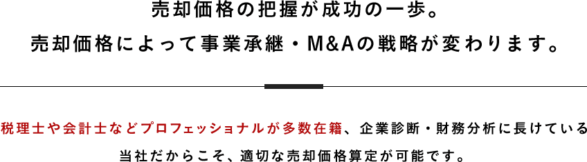 売却価格の把握が成功の一歩。売却価格によって事業承継・M&Aの戦略が変わります。