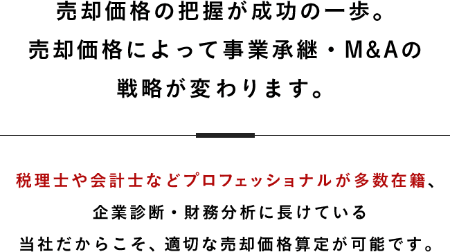 売却価格の把握が成功の一歩。売却価格によって事業承継・M&Aの戦略が変わります。